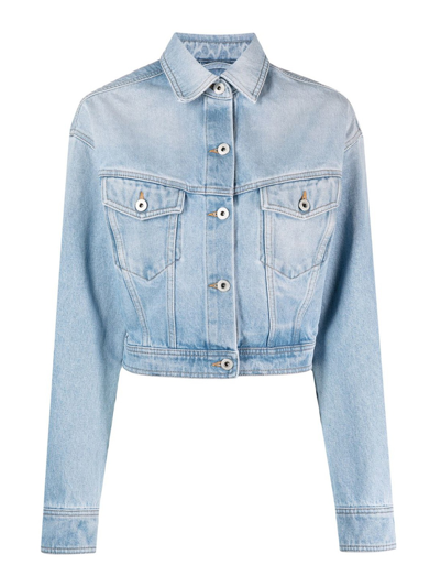 Off-white Toy Box Splatter Paint Crop Denim Jacket With Detachable Hood In Light Blue