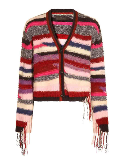 Amiri Yarn Striped V-neck Cardigan In Purple