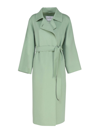 Max Mara Light Green Hans Long Coat With Belt In Wool Blend Woman In Green
