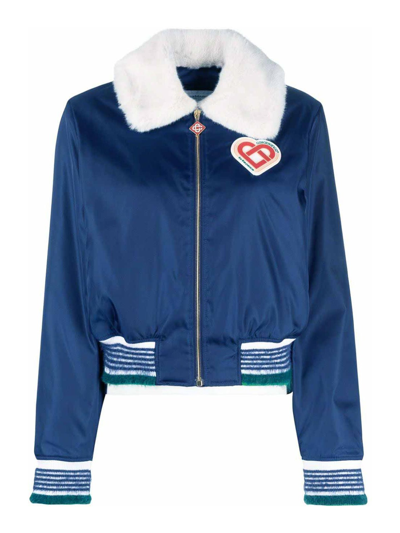 Casablanca Logo-patch Faux Fur-collar Jacket In Blue