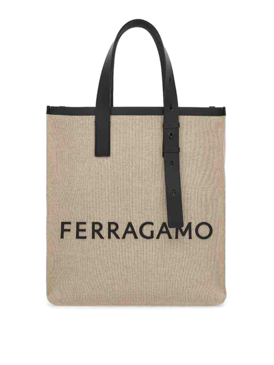 Ferragamo Canvas Tote Bag With Logo In Beige