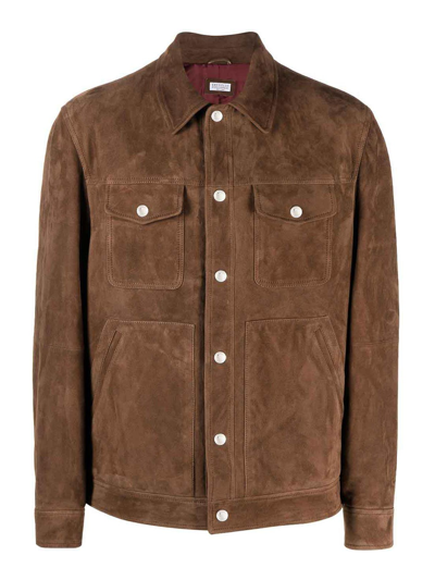 Brunello Cucinelli Leather Buttoned Jacket In Beige