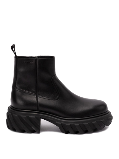 OFF-WHITE `EXPLORATION MOTOR` LEATHER ANKLE BOOTS