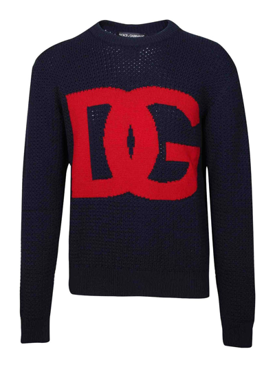 Dolce & Gabbana Wool Sweater With Dg Logo In Blue