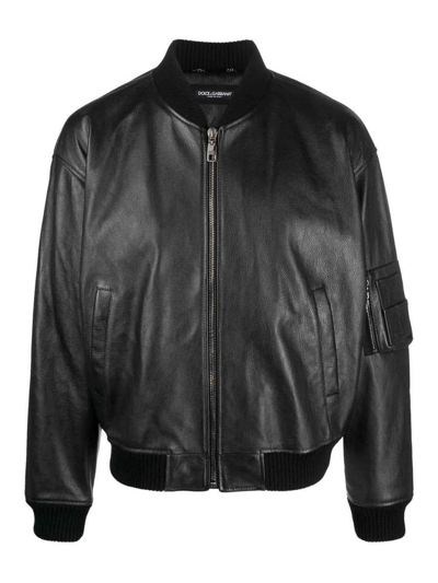 Dolce & Gabbana Bomber Leather Jacket In Beige