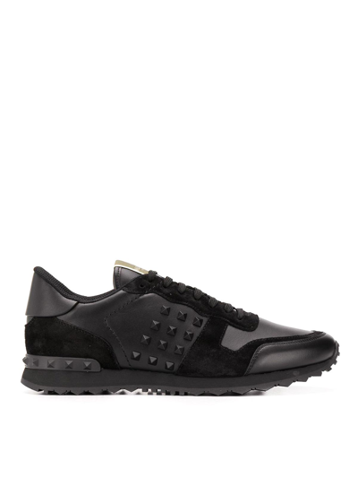 Valentino Garavani Mans Rockrunner Camouflage Noir Leather And Fabric Sneakers In Black