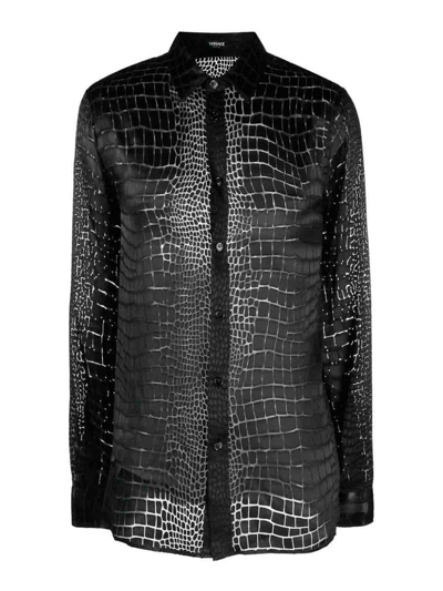 Versace Devore Croco Printed Silk Shirt In Black