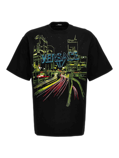 Versace City Lights Embroidery T-shirt In Black