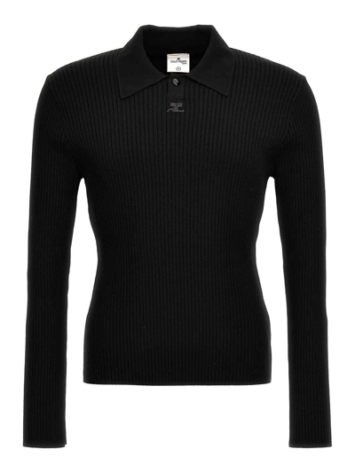 Courrèges Snap Rib Knit Polo Sweater In Black