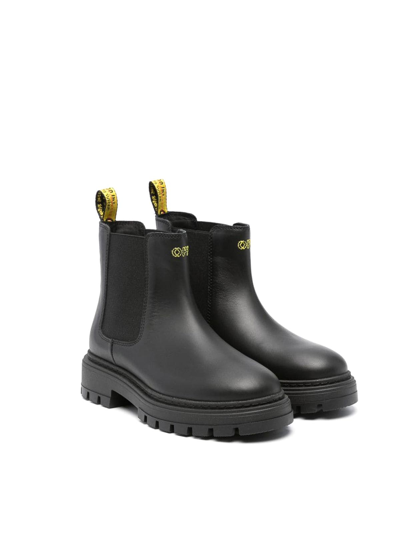 Off-white Kids' Logo-embroidered Leather Ankle Boots In Negro