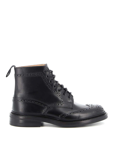 Tricker's Leather Stow Combat Booties With Brogue Design In Black