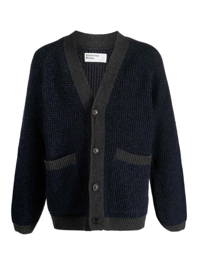Universal Works Two-tone Ribbed Wool-blend Cardigan In Blue