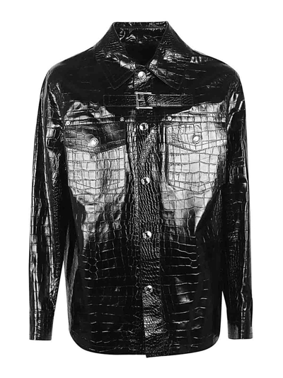 Versace Crocodile Embossed Leather Peacoat In Black