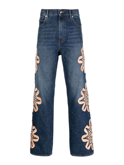 Bluemarble Floral-embroidered Bootcut Jeans In Blue