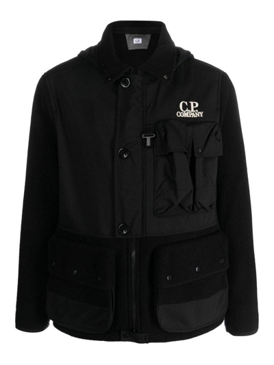 C.p. Company Duffel Mixed Goggle Hooded Jacket In Black