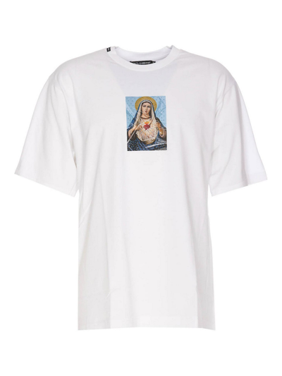 Dolce & Gabbana Printed Cotton T-shirt With Fusible Rhinestone Embellishment In Blanco