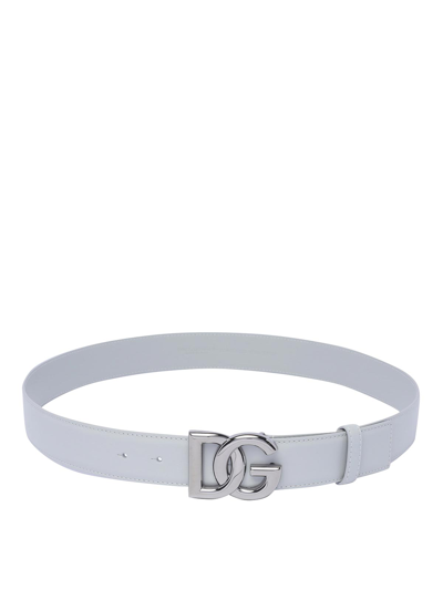 Dolce & Gabbana White Belt With Dg Logo Buckle In Smooth Leather Man In Grey