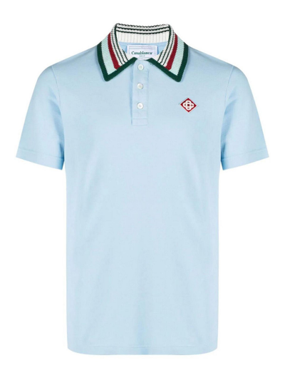 Casablanca Logo-embroidered Stripe-collar Polo Shirt In Pale Blue