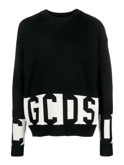 Gcds Logo Intarsia-knit Crew-neck Jumper In Black