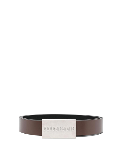 Ferragamo Square Buckle Leather Belt Reversible In Brown