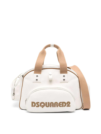Dsquared2 Logo-print Leather Duffle Bag In Blanco