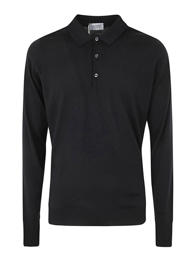 John Smedley Button-front Long-sleeved Polo Shirt In Black