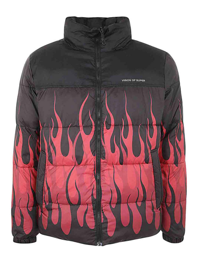 Vision Of Super Black Puffy Jacket With Red Flames Clothing