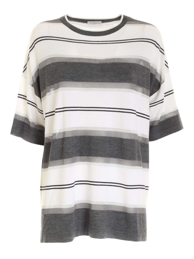 Brunello Cucinelli Striped Oversize Pullover In Grey And White