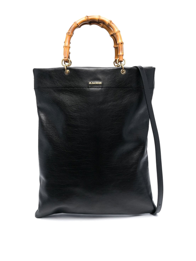 Jil Sander Leather Bag With Bamboo Handles And Logo In Black