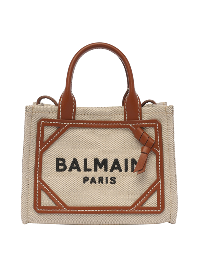 Balmain Cotton- Linen B-army Bag With Leather Details In Beige