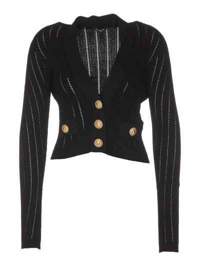 Balmain Cropped Knit Viscose Cardigan In Black
