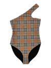 Burberry Check Stretch Nylon Asymmetric Swimsuit In Beis