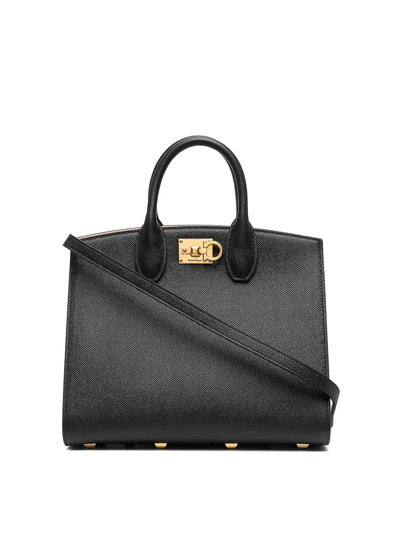 Ferragamo Studio Box Leather Top Handle Bag In Negro