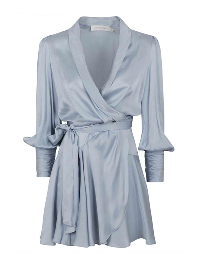 Zimmermann Silk Satin Mini Wrap Dress In Ice Blue