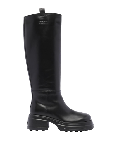 Tod's Platform Leather Boots In Black