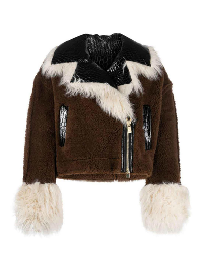 Pinko Faux-shearling Cropped Jacket In Brown