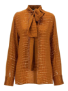 Versace Croc-effect Scarf-tie Blouse In Brown