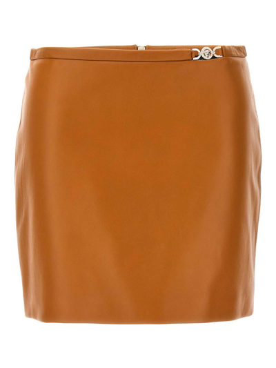 Versace Mini Leather Skirt In Brown