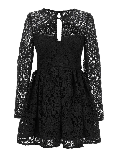 SELF-PORTRAIT BLACK LACE TIE-NECK MINI DRESS