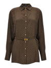 Balmain Silk Shirt With A Mini Monogram Print In Marrón