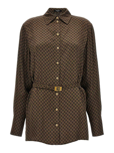 Balmain Silk Shirt With A Mini Monogram Print In Brown