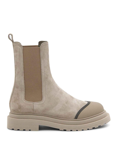 Brunello Cucinelli Suede Chelsea Boot With Precious Detail In Beige