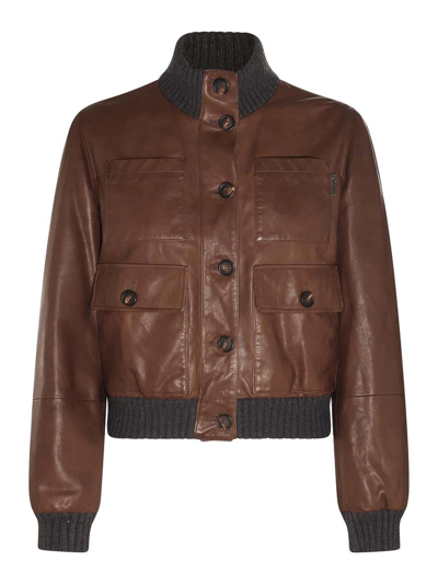 Brunello Cucinelli Padded Leather Jacket In Brown