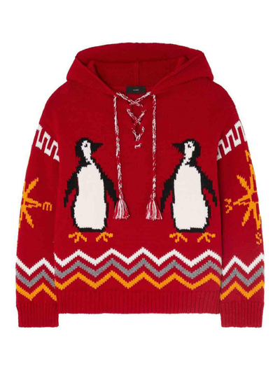 Alanui For The Love Of Pengui Knit Hoodie In Red
