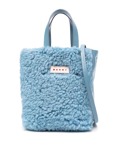 Marni Shearling Logo Patch Tote Bag In Azul Claro