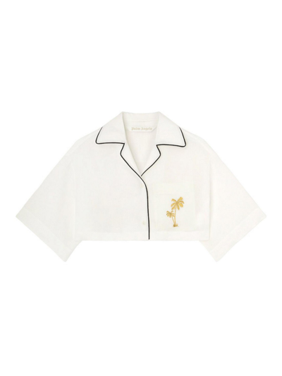 PALM ANGELS LOGO-EMBROIDERED CROPPED LINEN SHIRT