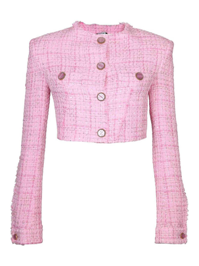 Gcds Button-up Cropped Tweed Jacket In Pink