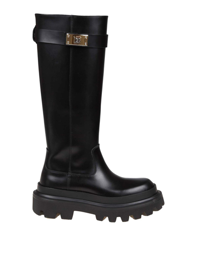 Dolce & Gabbana Leather Boot With Logo Plate In Negro