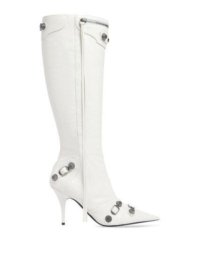 Balenciaga Cagole Leather Knee Boots With Stiletto Heel In White