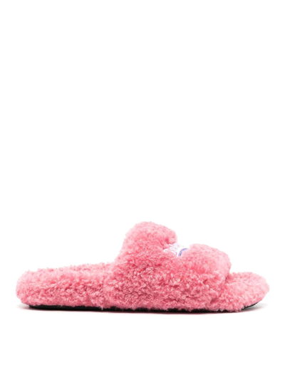 Balenciaga Pink Furry Slide Sandal In Fake Shearling With White And Blue Political Campaign Embroideries Balenc In Sweet Pink White